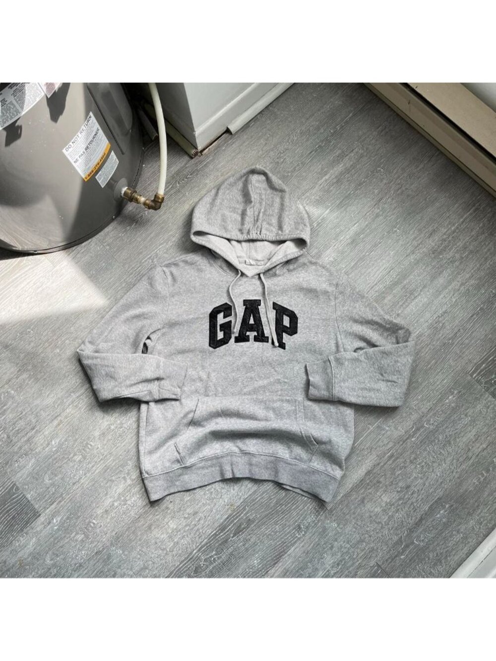 Grey / Black Gap Embroidered Faux Leather Lettering Pullover Hoodie / Sweater